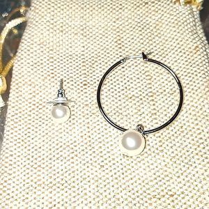JOMMI LIM HOOPS RHODIUM ON SILVER PLATED WITH FAUX PEARL MISMATCH EARRINGS